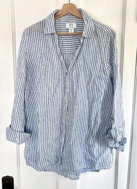 Vintage Blue White Striped Linen Button Down Women’s Large | Long Sleeve Summer